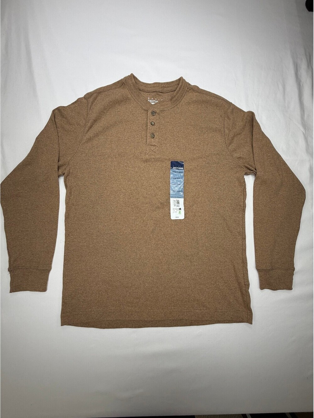 Basic Editions Men's Long Sleeve Henley Shirt Cotton Knit Size Small Beige NWT